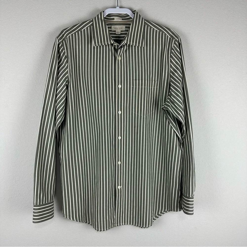 Banana Republic Gray Off White Stripe Classic Fit Button Down Shirt Size Large